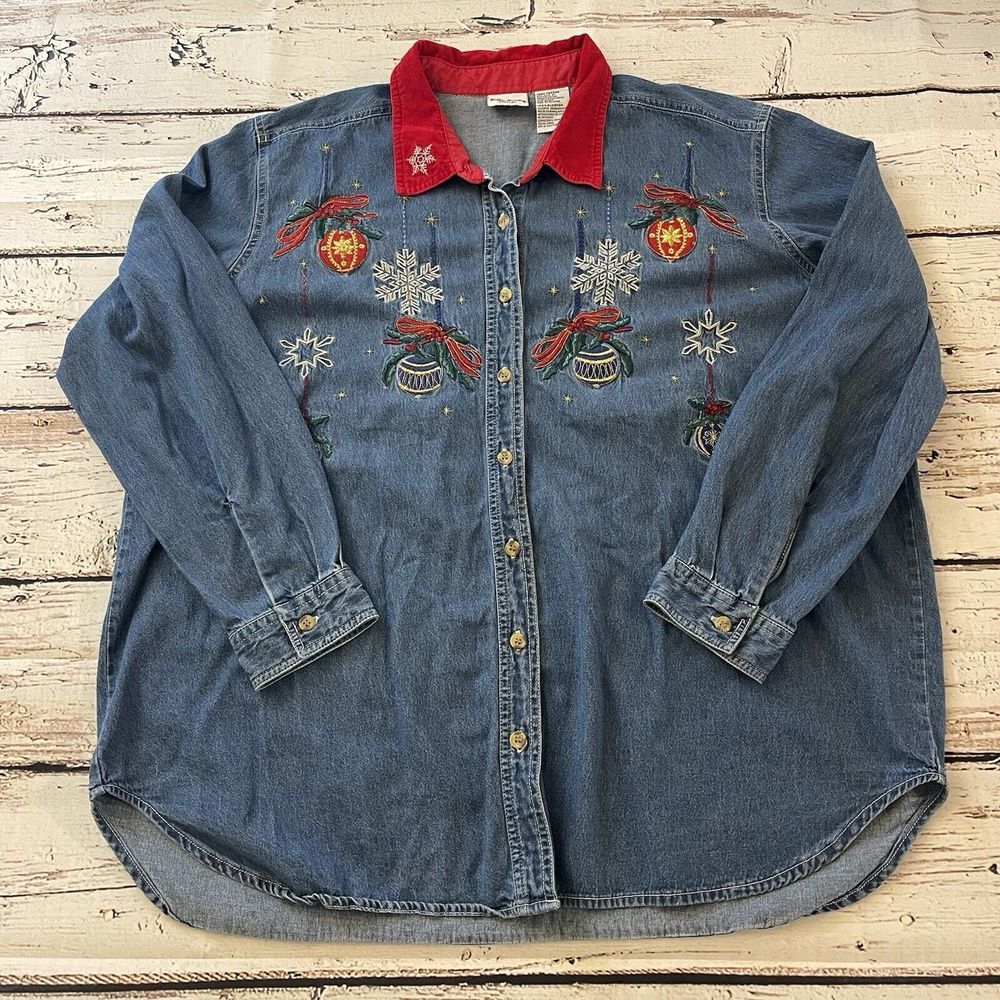 Bobbie Brooks Jean Shirt Christmas Holidays Womens 22w/24w Buttons Long Sleeves